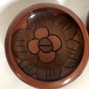 Mid Century Modern Vintage 70’s Hand Carved Wooden Bowls Set Of 2 Flower Design